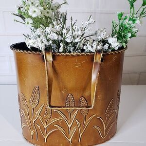 Rustic Distressed Tan Metal Wheat Corn Bucket Vase Decor 7" Farmhouse Container
